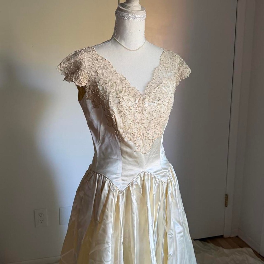 Vintage 1983 Handmade Ivory Satin Wedding Gown Beaded Lace Pearl Bridal Dress